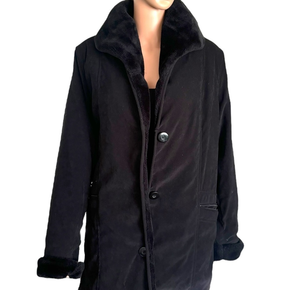 Hannah by MarLo Black Arctic Warm Faux Suede Fur Button Parka Coat Women SZ S